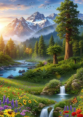 Serene Mountain Landscape with Waterfall and Flowers