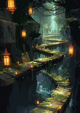 Enchanted Forest Path with Lanterns