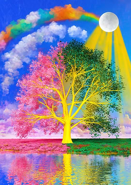 Magical Tree with Rainbow and Moon