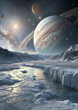 Alien Icy Landscape with Jupiter
