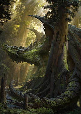 Moss-Covered Dragon in Sunlit Forest