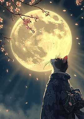 Cat in Kimono Under Full Moon