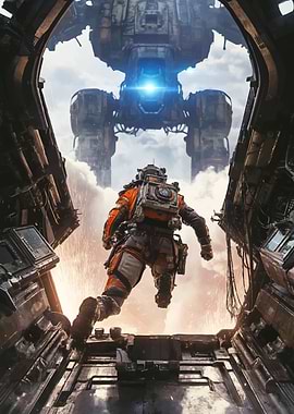 Pilot Jumps Towards Giant Mech