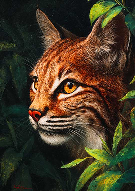 Detailed Bobcat Painting Green Leaves