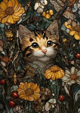 Kitten surrounded by flowers and insects