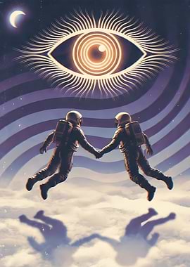 Astronauts holding hands in space