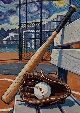 Baseball Bat and Glove Under Starry Sky