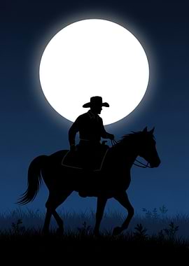 Cowboy riding horse under moon
