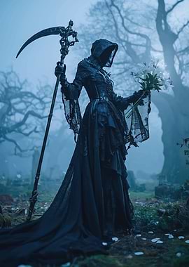 Grim Reaper with Lilies in Foggy Cemetery