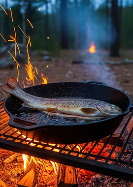 Trout Cooking Over Campfire