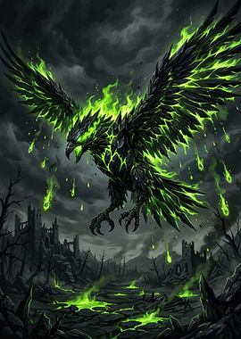 Fiery Phoenix Over Ruined Landscape
