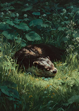 Otter sleeping in lush green grass