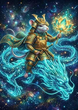 Samurai Mouse Riding a Cosmic Dragon