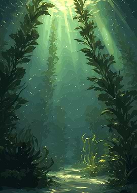Underwater Kelp Forest with Sunbeams