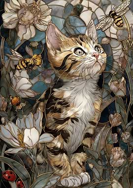 Kitten with Bees and Flowers