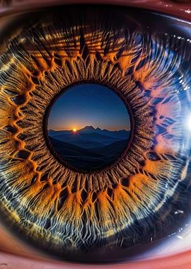 Eye reflecting a mountain sunrise