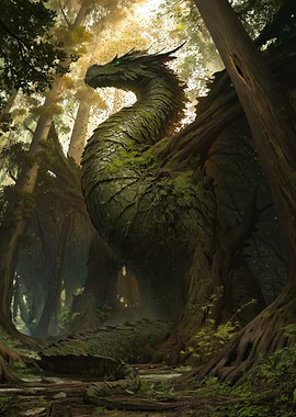 Moss-Covered Dragon in Enchanted Forest