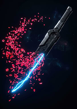 Cyberpunk Sword with Rose Petals and Lightning