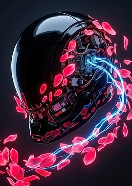 Robotic Head with Pink Petals and Blue Energy