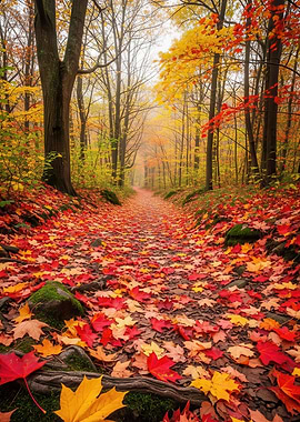 Autumn forest path covered in leaves