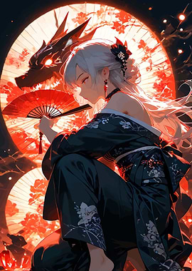 Anime Girl with Dragon and Fan