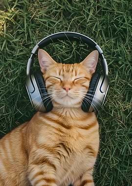 Cat Listening to Music with Headphones