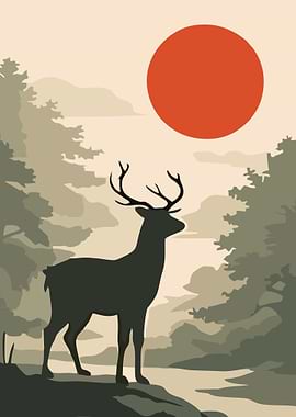 Deer in a forest with a red sun