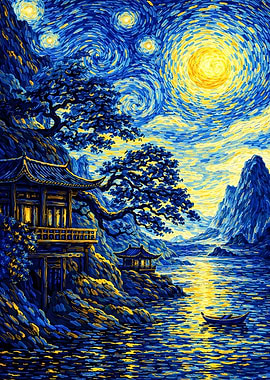 Starry Night Landscape with Asian Architecture