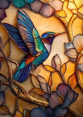 Stained Glass Hummingbird and Flowers