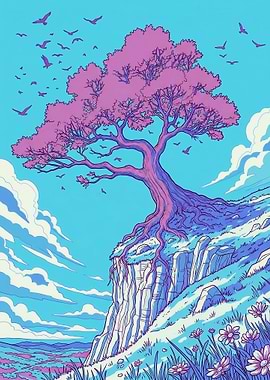 Tree on a Cliff with Birds