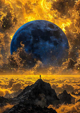 Cosmic Summit: Silhouette Beneath a Celestial Planet and Nebula Sky