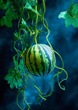 Vibrant Small Watermelon on Vine Cinematic Art