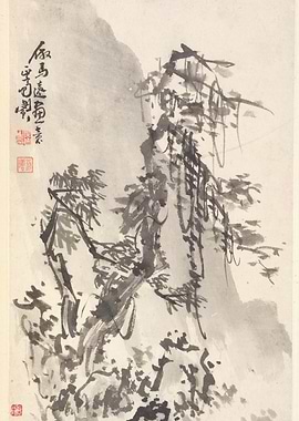 Ink Wash Painting of Trees and Rocks