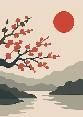 Japanese Landscape with Cherry Blossoms and Sun