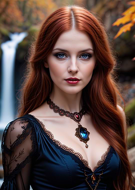 Red-haired woman in a dark dress by a waterfall