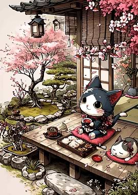 Cute Cats Enjoying Tea in a Japanese Garden
