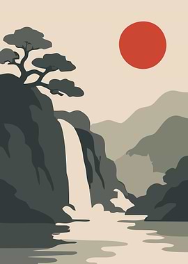Japanese Waterfall Landscape with Sun
