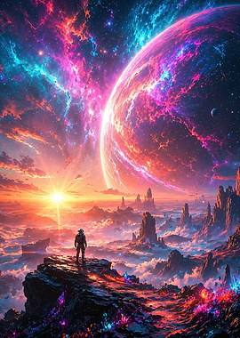 Astronaut on alien planet with nebula