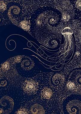 Starry Jellyfish in Vangogh style - DARK GOLD Version