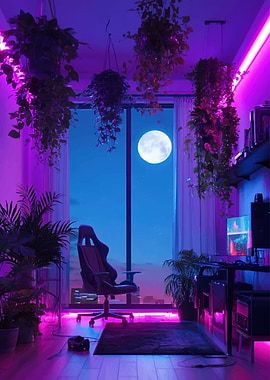 Cyberpunk Gaming Room with Moon View