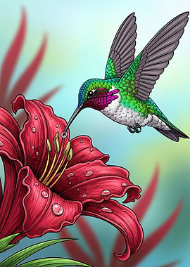 Hummingbird Feeding on a Red Lily