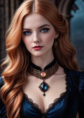 Elegant Woman with Red Hair and Blue Eyes