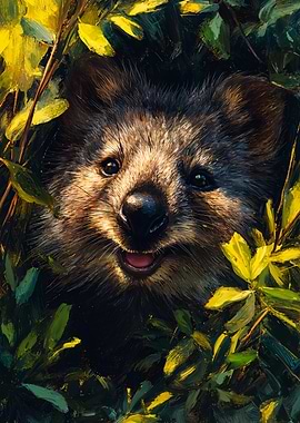 Smiling Quokka Illustration Green Foliage
