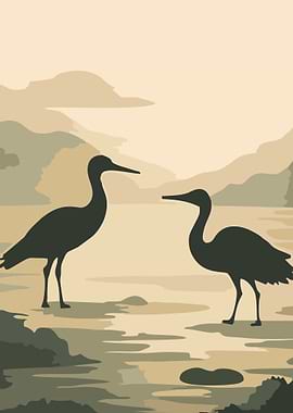 Two cranes by the water