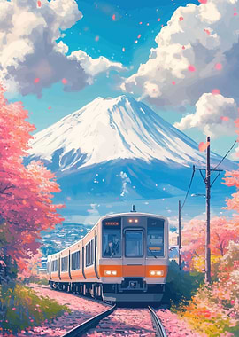 Train Journey with Mount Fuji Cherry Blossoms