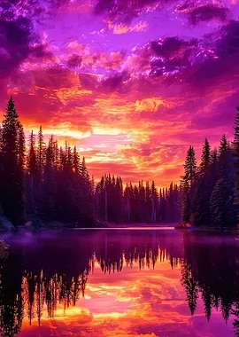 Vibrant Sunset Over Forest Lake