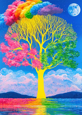 Vibrant Tree of Seasons and Rainbow Clouds