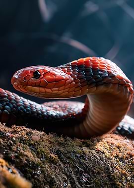 Close-up of a red snake on mossy ground