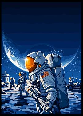 Astronauts on the Moon with Crescent Earth