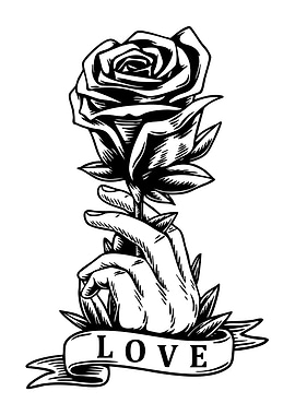 Hand Holding Rose with Love Banner